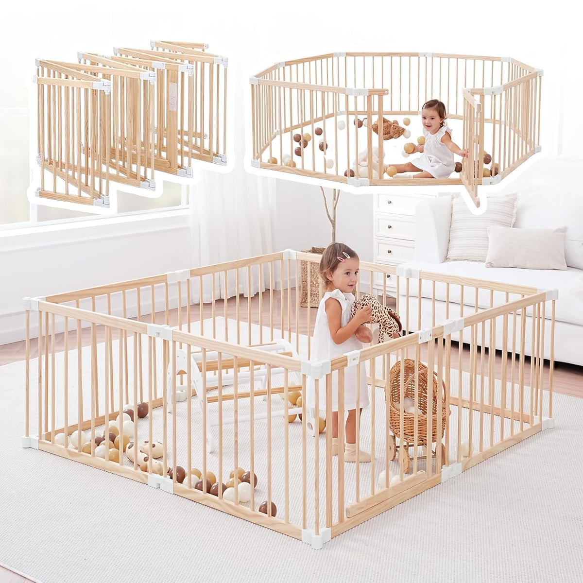 Foldable Wooden Baby Playpen with Gate S119298
