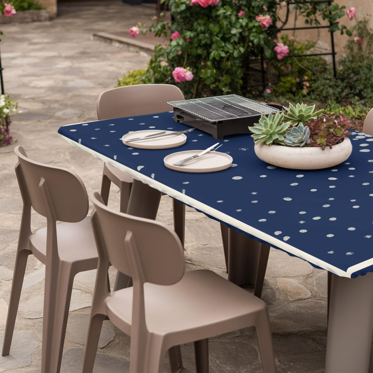 Silver Speckle Fitted Rectangle Tablecloth 32" x 72" Navy Blue Elastic Waterproof Table Cover G48136