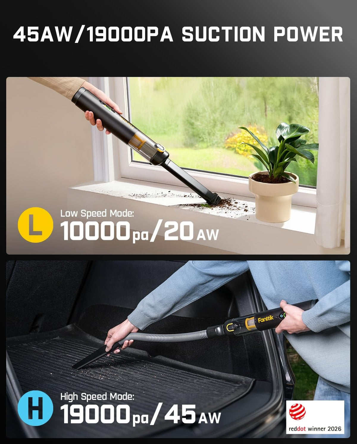 Cordless Handheld Car Vacuum, 19kPa, Black H1989