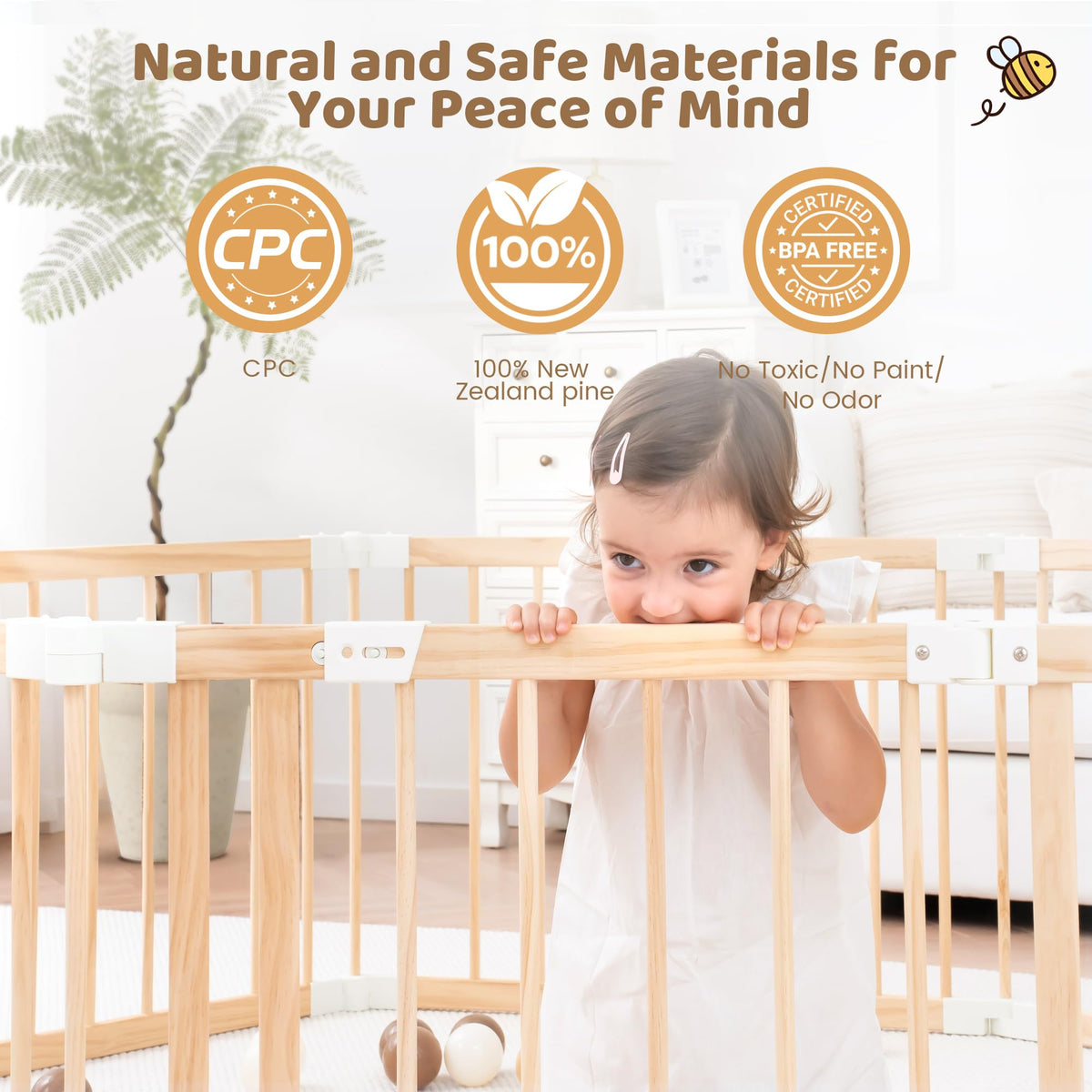 Foldable Wooden Baby Playpen with Gate S119298
