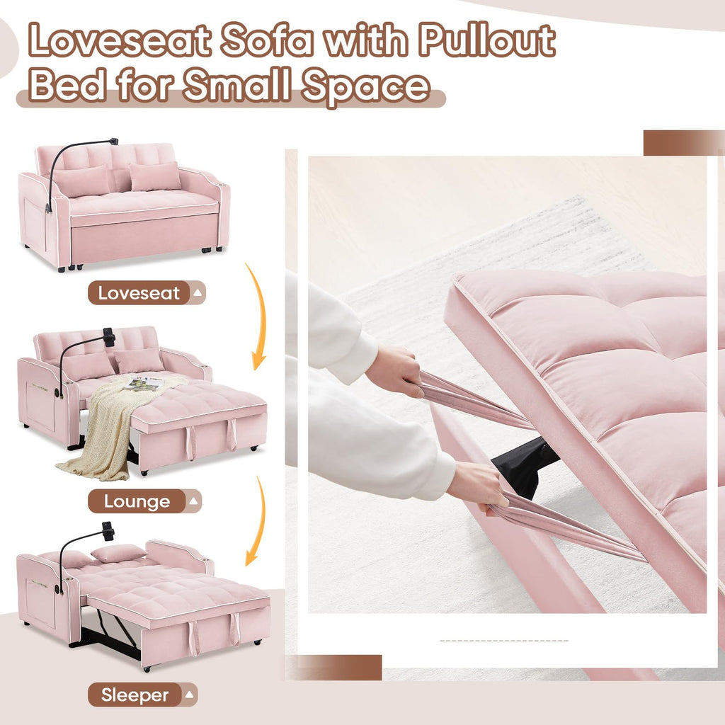 Pink Velvet Convertible Sleeper Sofa Bed U7203