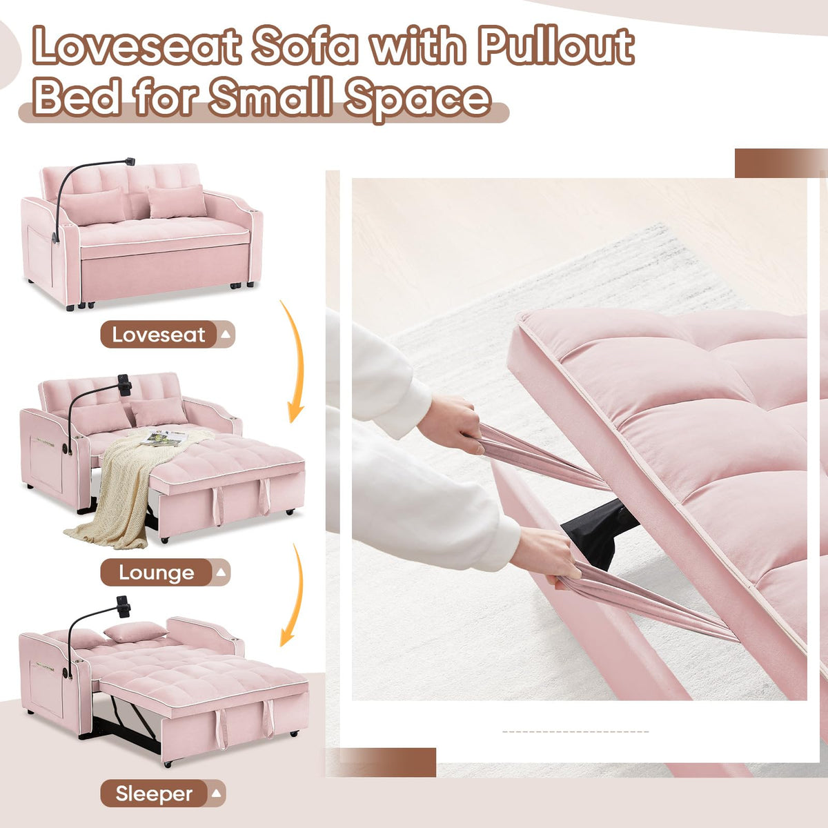 Pink Velvet Convertible Sleeper Sofa Bed U7203
