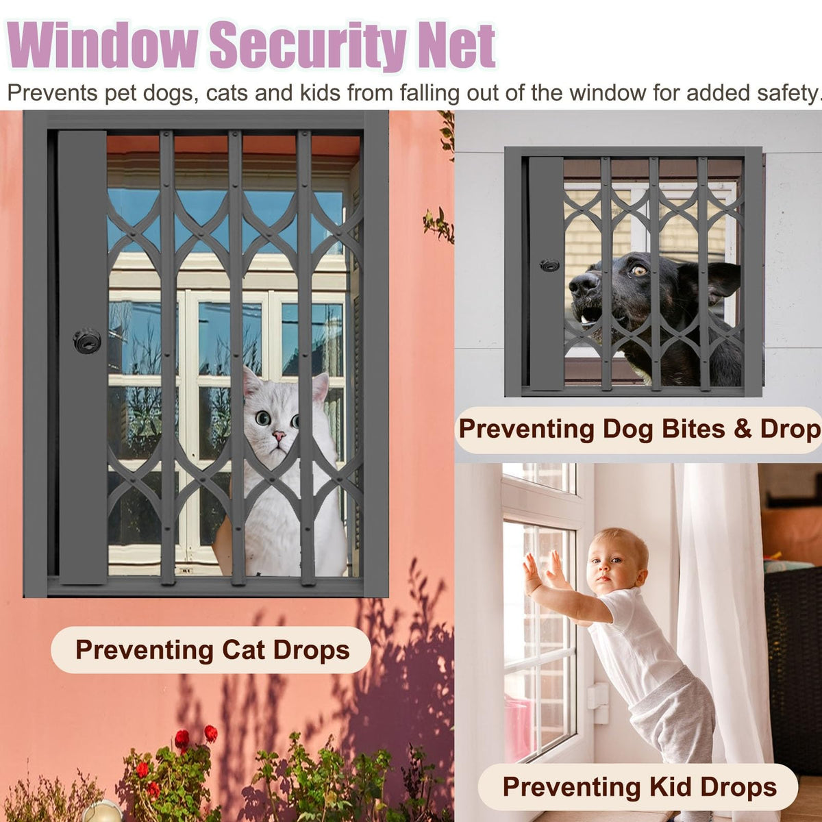 Lockable Folding Aluminum Window Safety Guards, Adjustable Width 24-36 Inch, Black U602