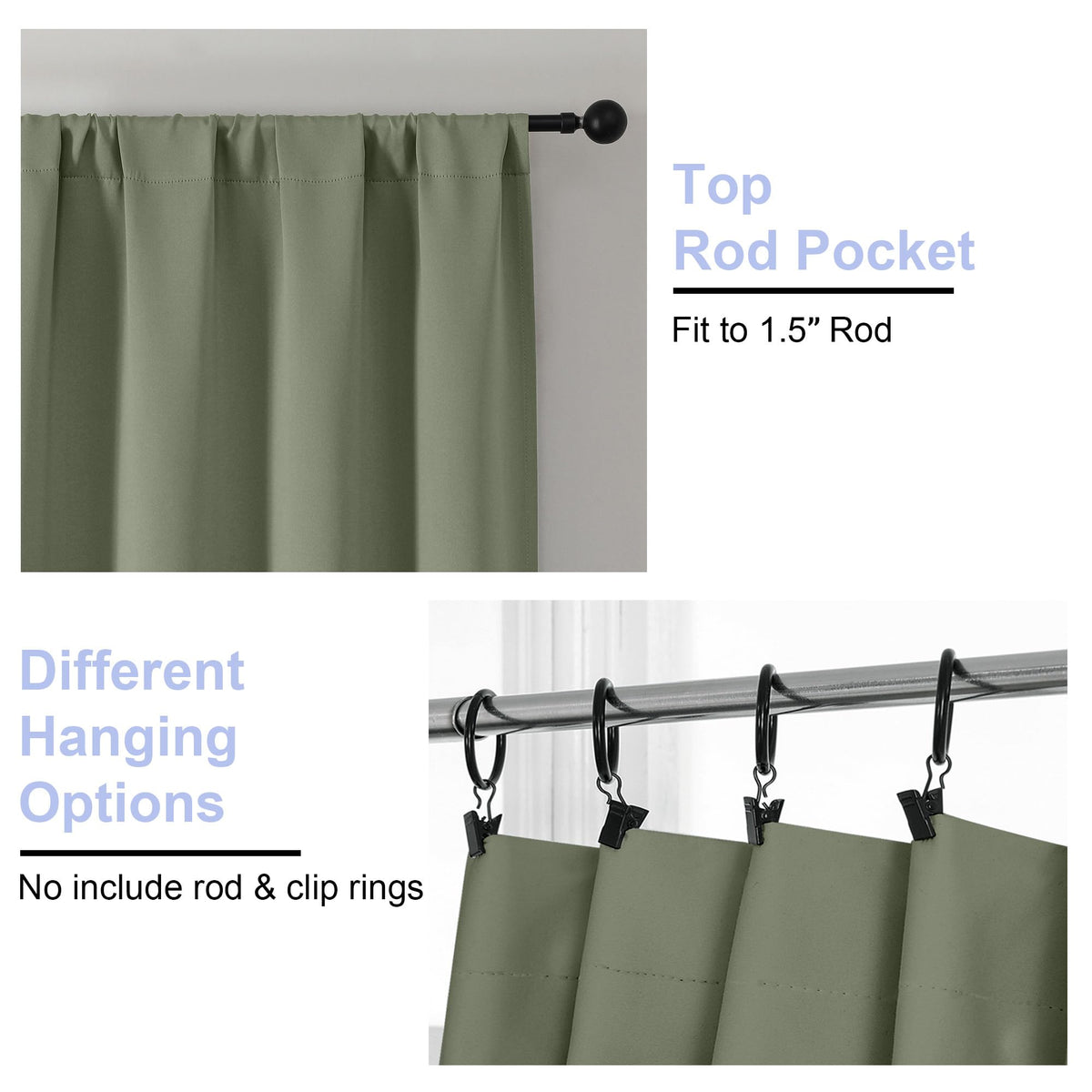 Sage Green Blackout Curtains, 72 Inch, 2 Panels Set Y895