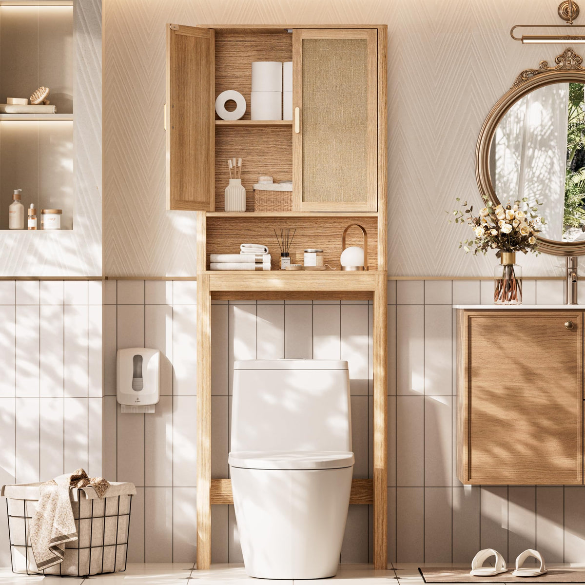 Over the Toilet Storage Cabinet with Rattan Doors R270