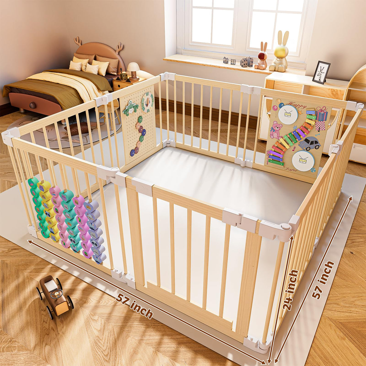 Foldable Wood Baby Playpen with Built-in Toys 57"x57" E3287