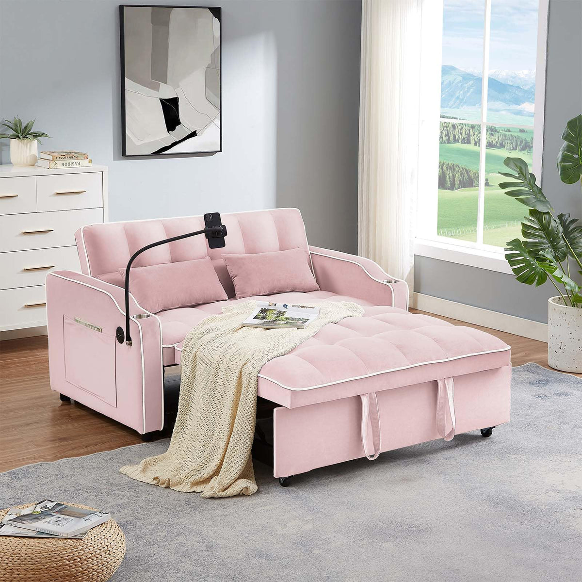 Pink Velvet Convertible Sleeper Sofa Bed U7203