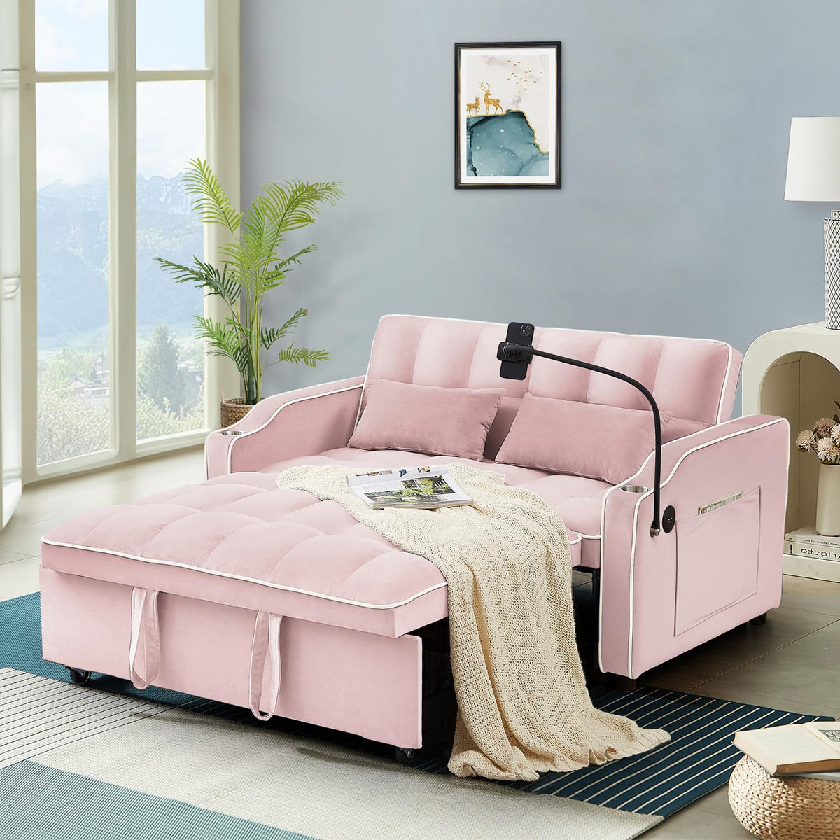 Pink Velvet Convertible Sleeper Sofa Bed U7203