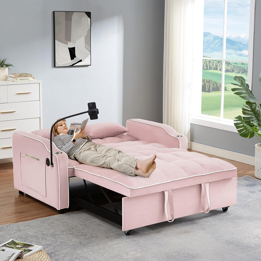 Pink Velvet Convertible Sleeper Sofa Bed U7203