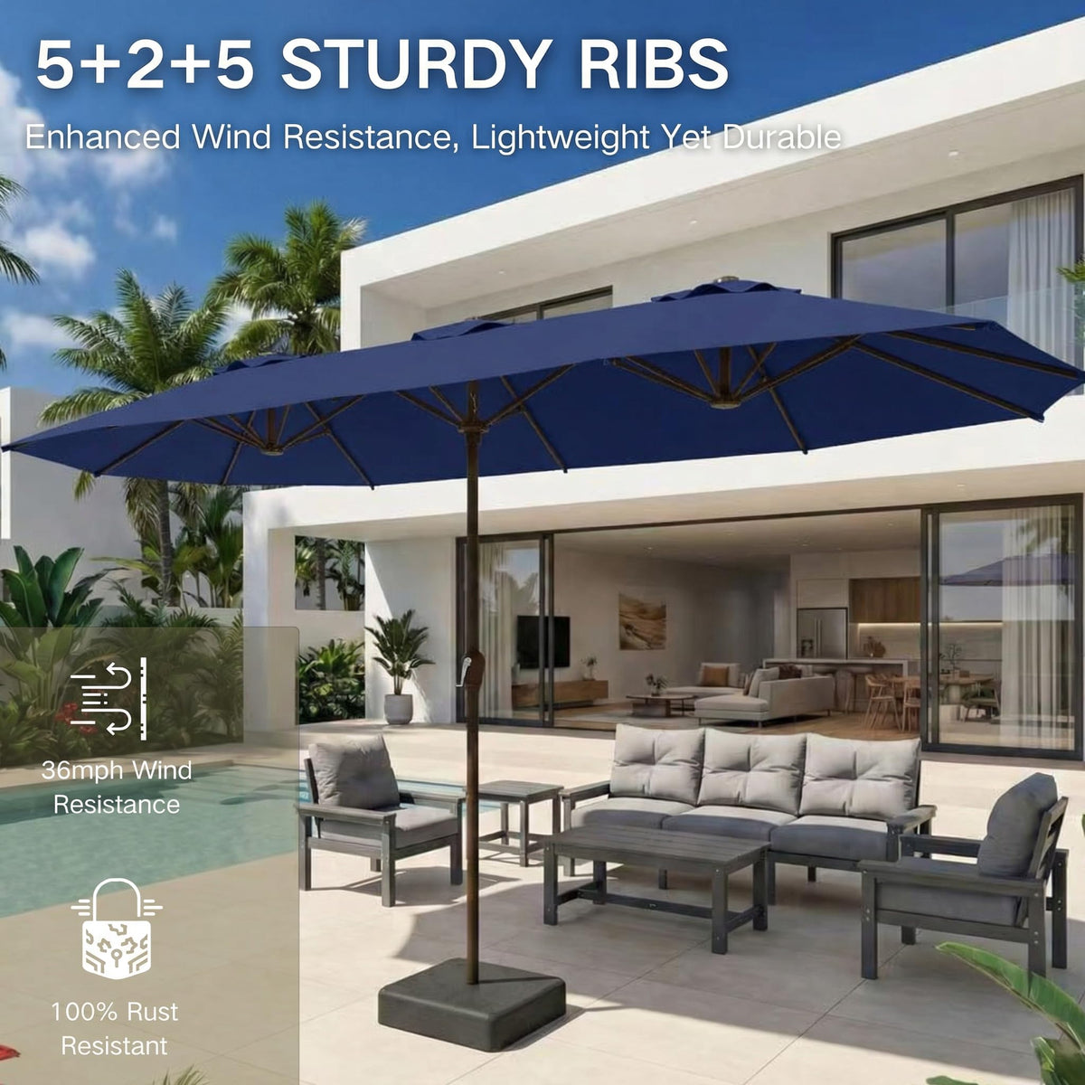 15ft Double-Sided Rectangle Patio Umbrella with Base T449312