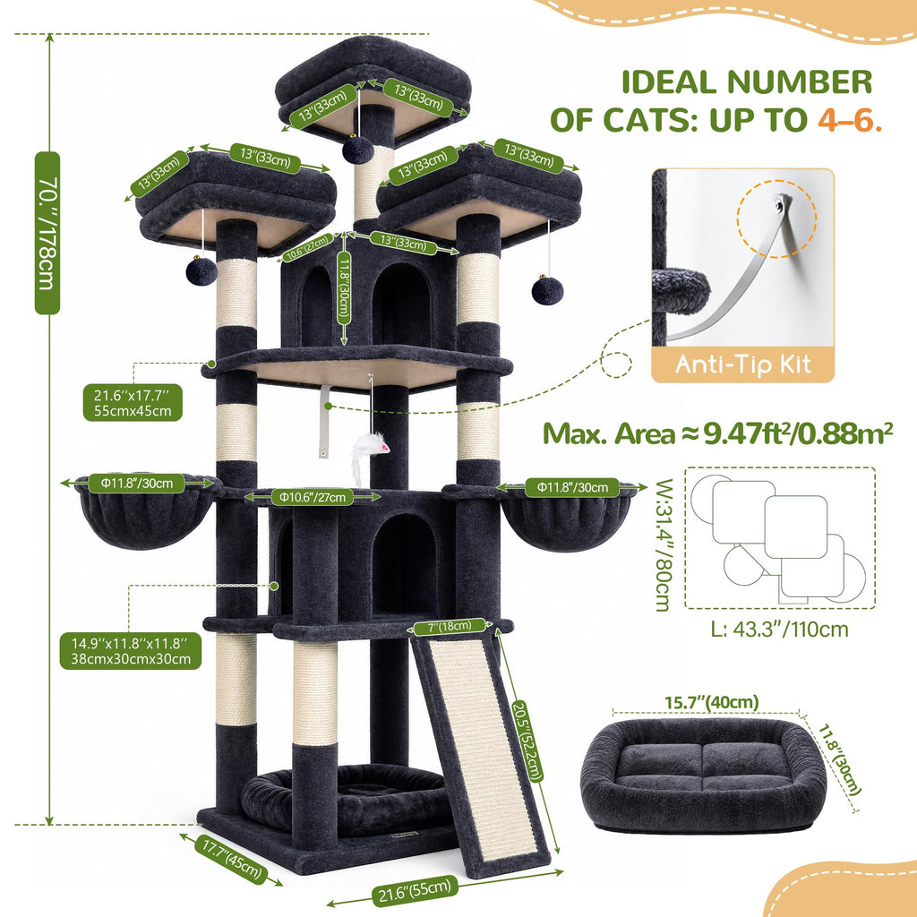 70 Inch Dark Gray Cat Tree with Scratching Post O2112