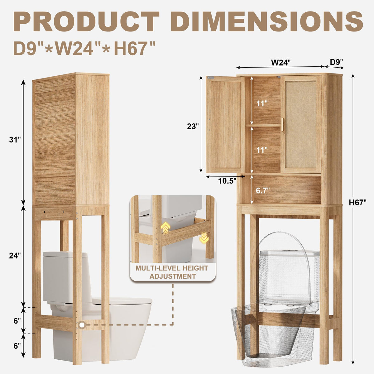 Over the Toilet Storage Cabinet with Rattan Doors R270