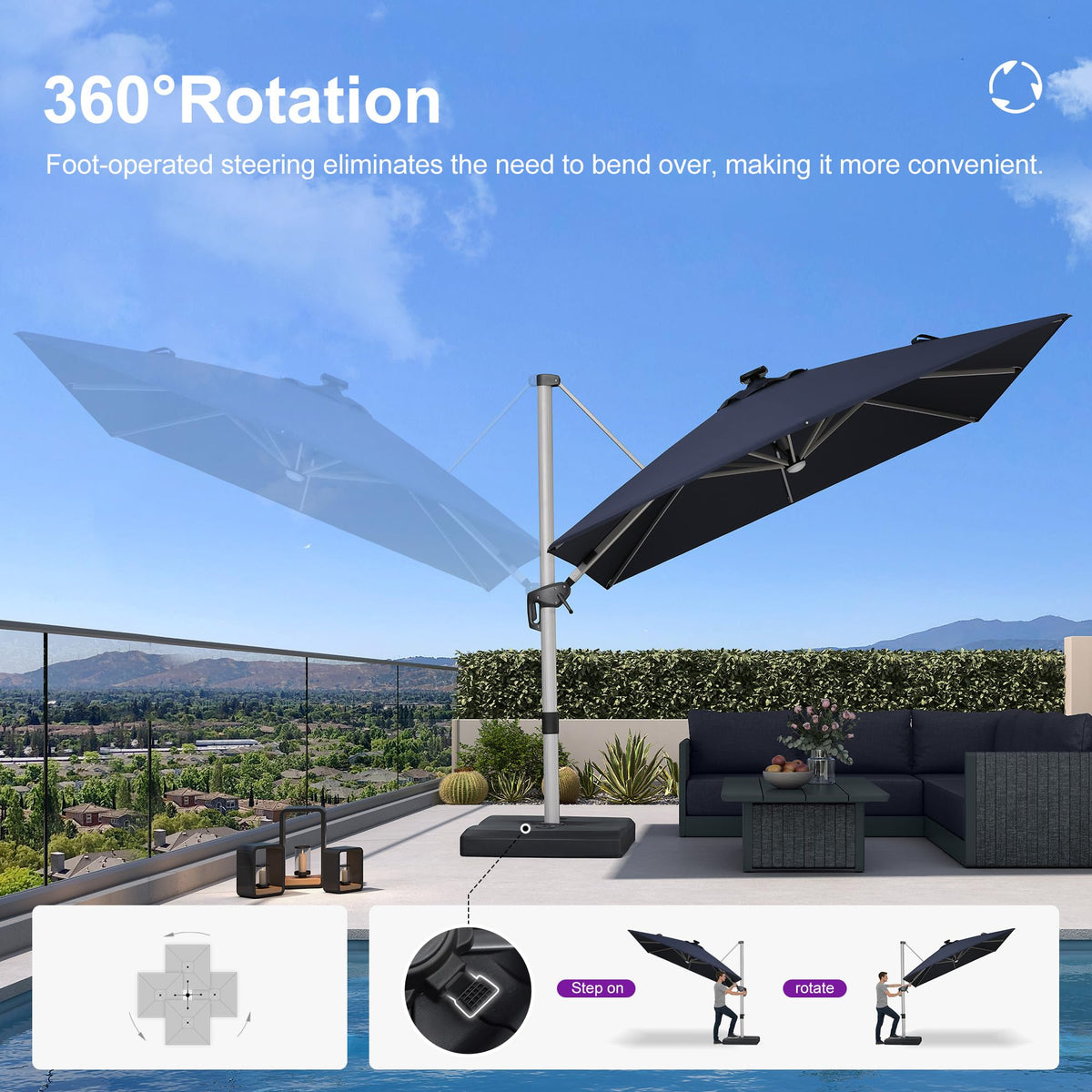 Navy Blue 10' X 10' Solar LED Patio Umbrella with Base J448268