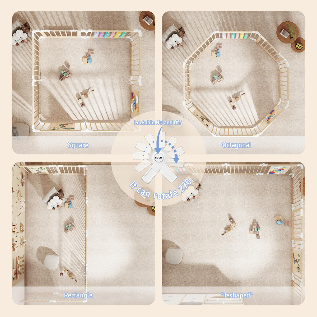 Foldable Wood Baby Playpen with Built-in Toys 57"x57" E3287