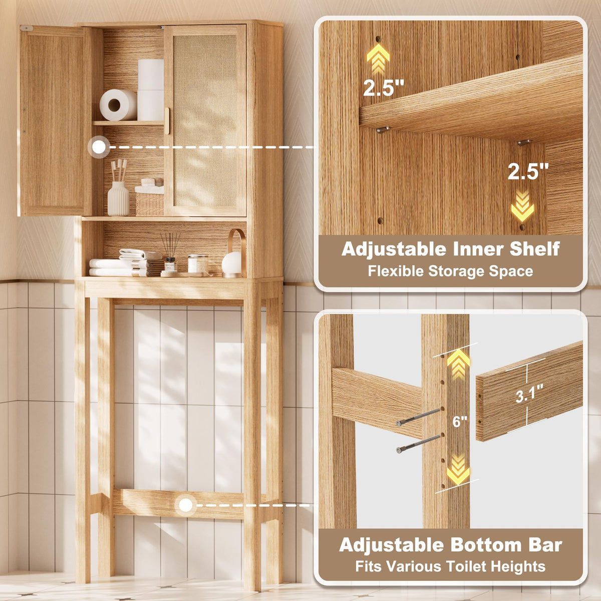 Over the Toilet Storage Cabinet with Rattan Doors R270