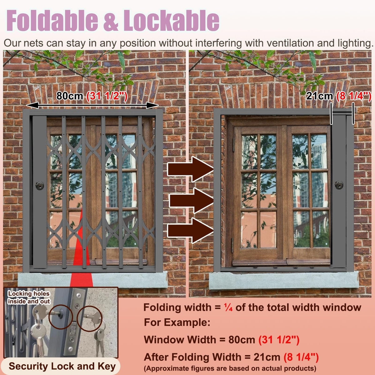Lockable Folding Aluminum Window Safety Guards, Adjustable Width 24-36 Inch, Black U602
