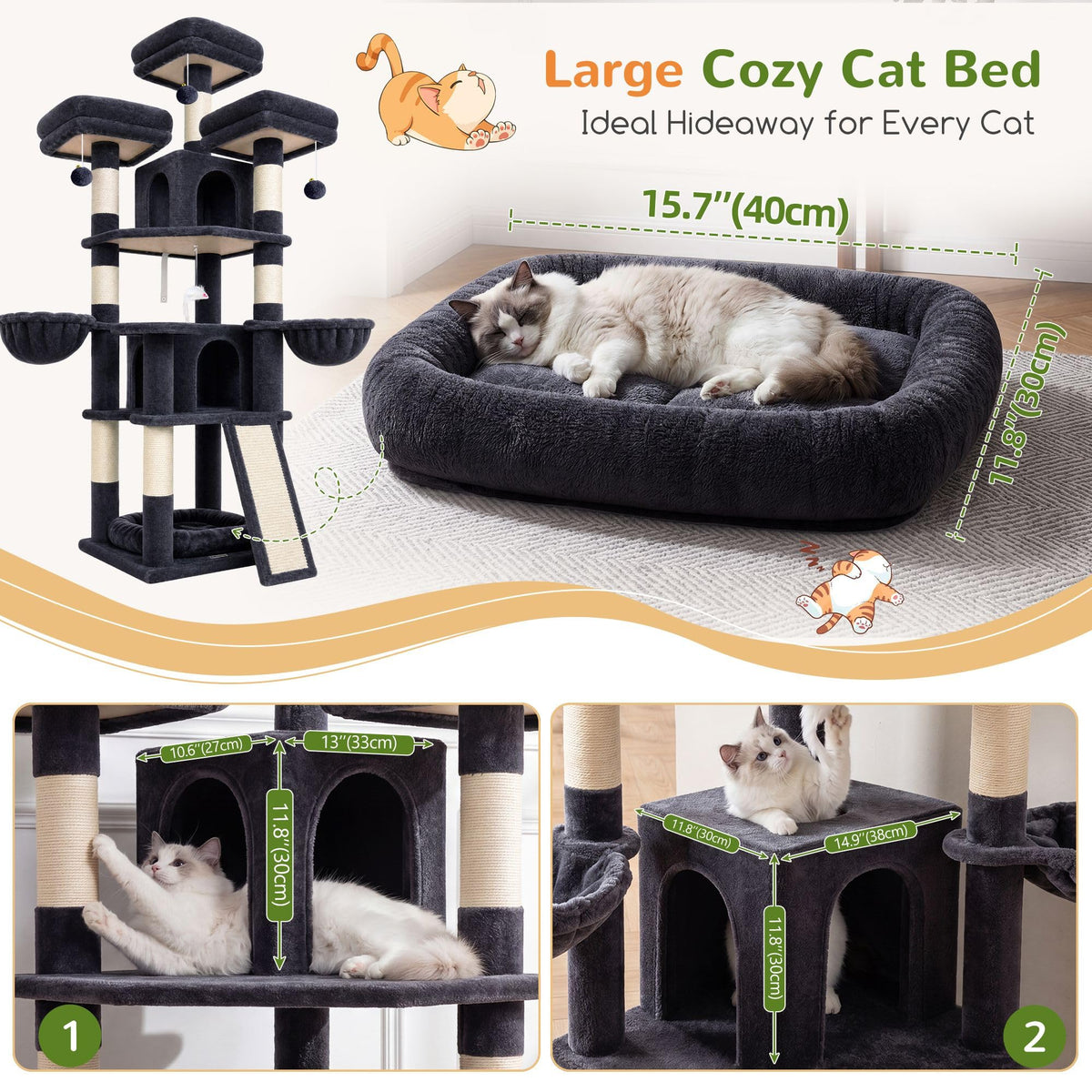 70 Inch Dark Gray Cat Tree with Scratching Post O2112