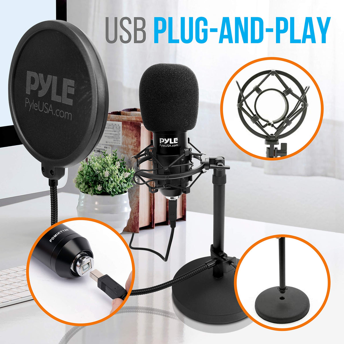 USB Cardioid Condenser Microphone with Desktop Stand and Pop Filter P3638