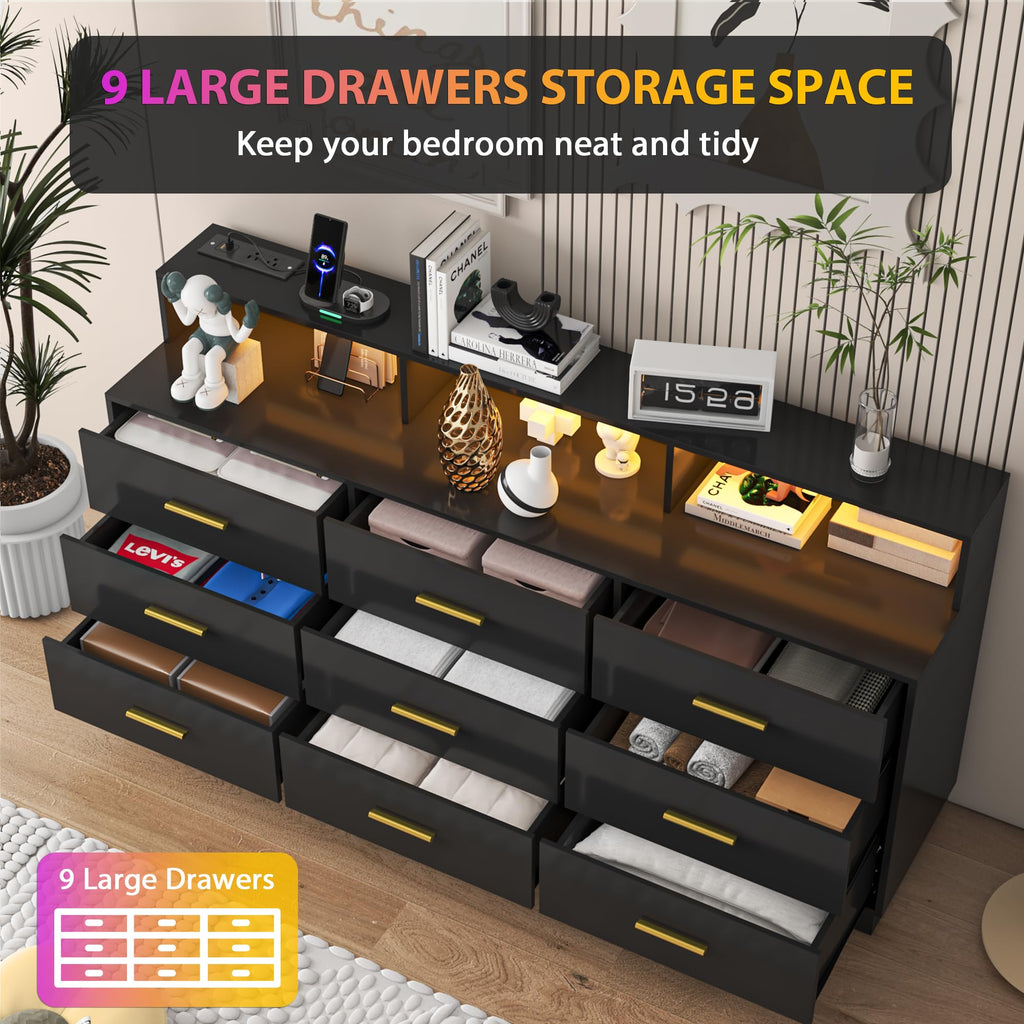 Black 9 Drawer Wood Dresser E878