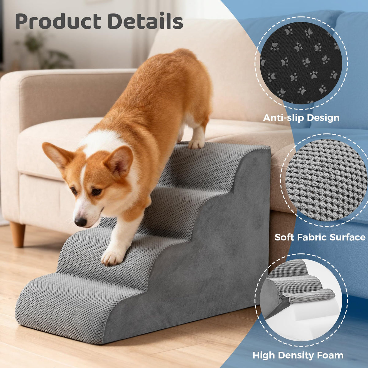 Grey 4-Step Curved Pet Dog Stairs R801
