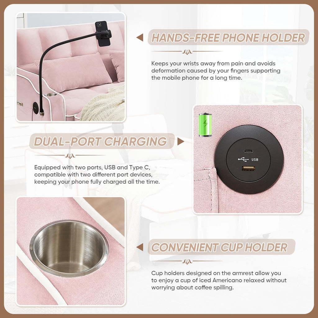 Pink Velvet Convertible Sleeper Sofa Bed U7203