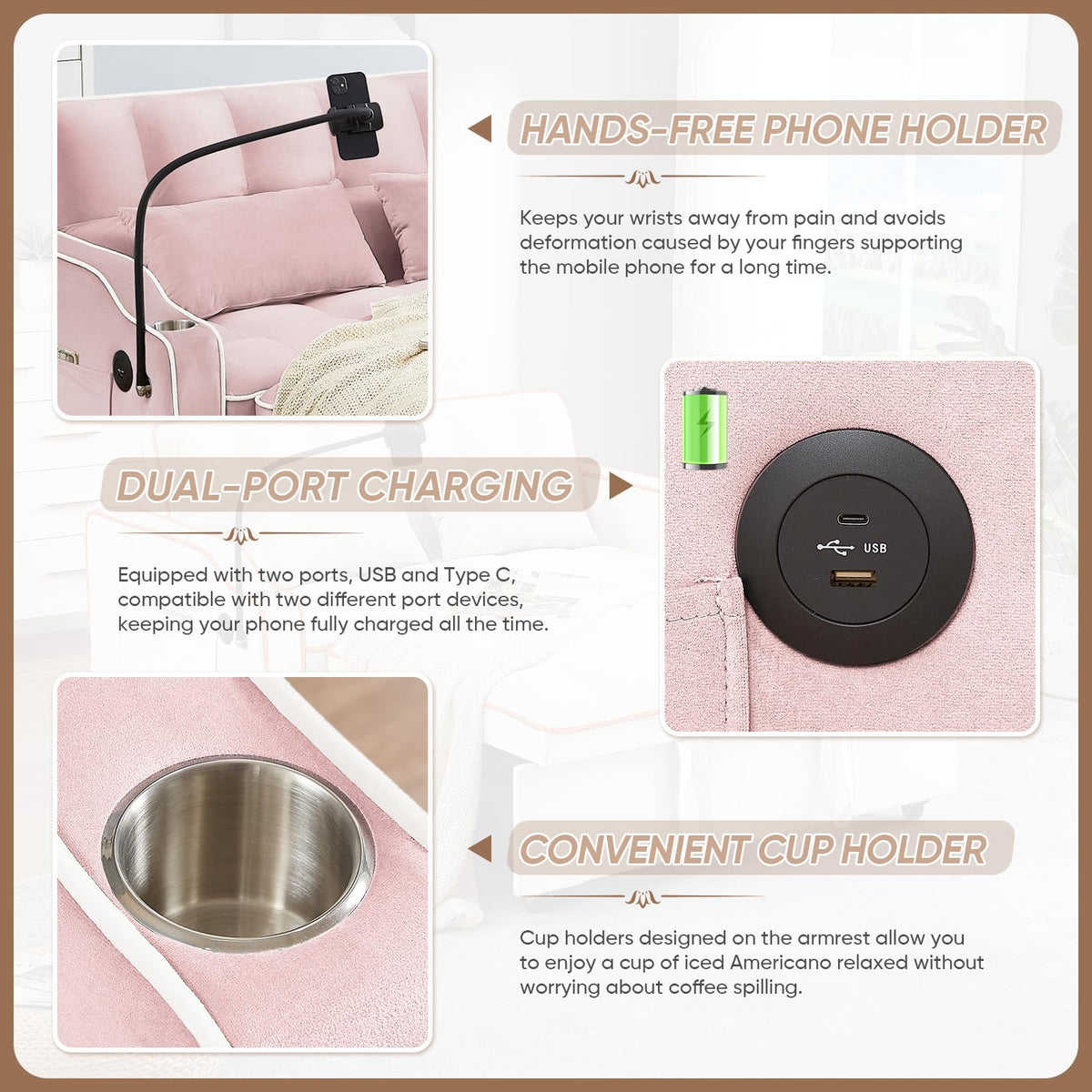 Pink Velvet Convertible Sleeper Sofa Bed U7203