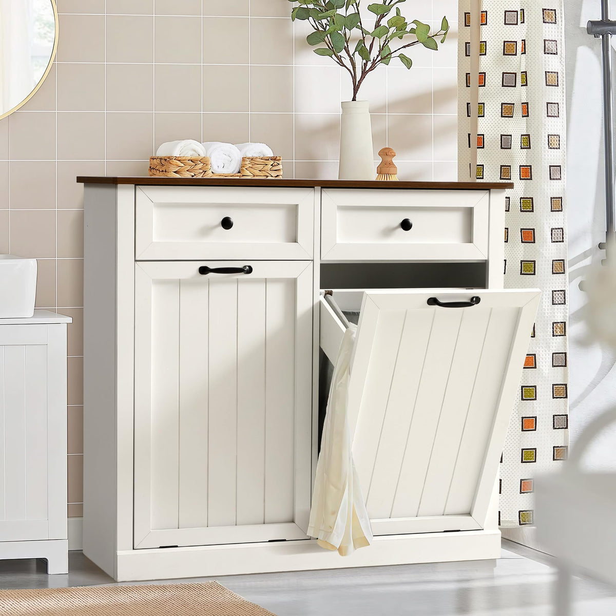 Double Laundry Hamper Cabinet with 2 Drawer U8857