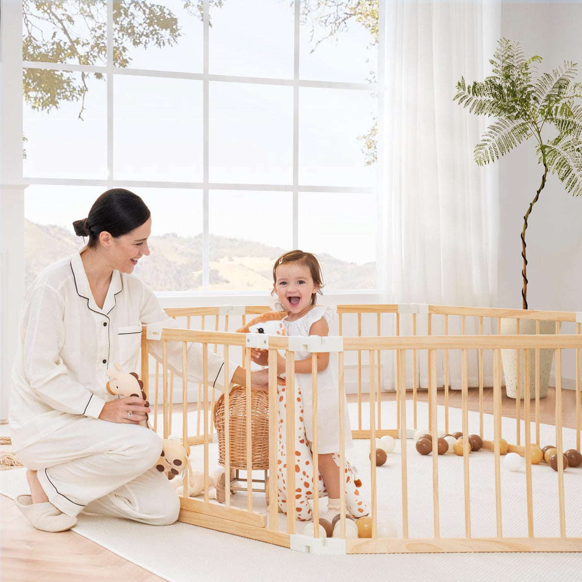 Foldable Wooden Baby Playpen with Gate S119298