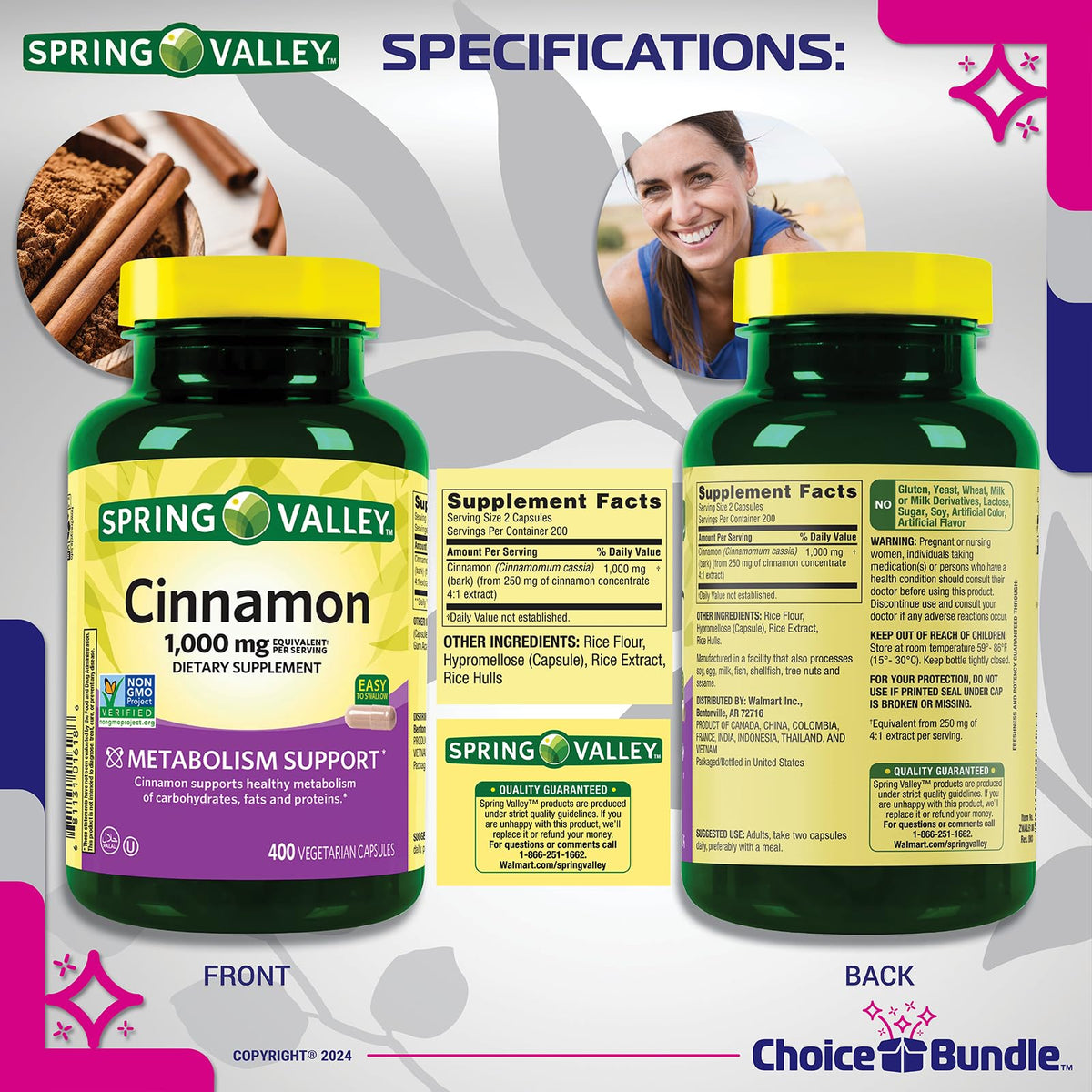 Cinnamon Supplement 1000mg Vegetarian Capsules 800 Total Z485