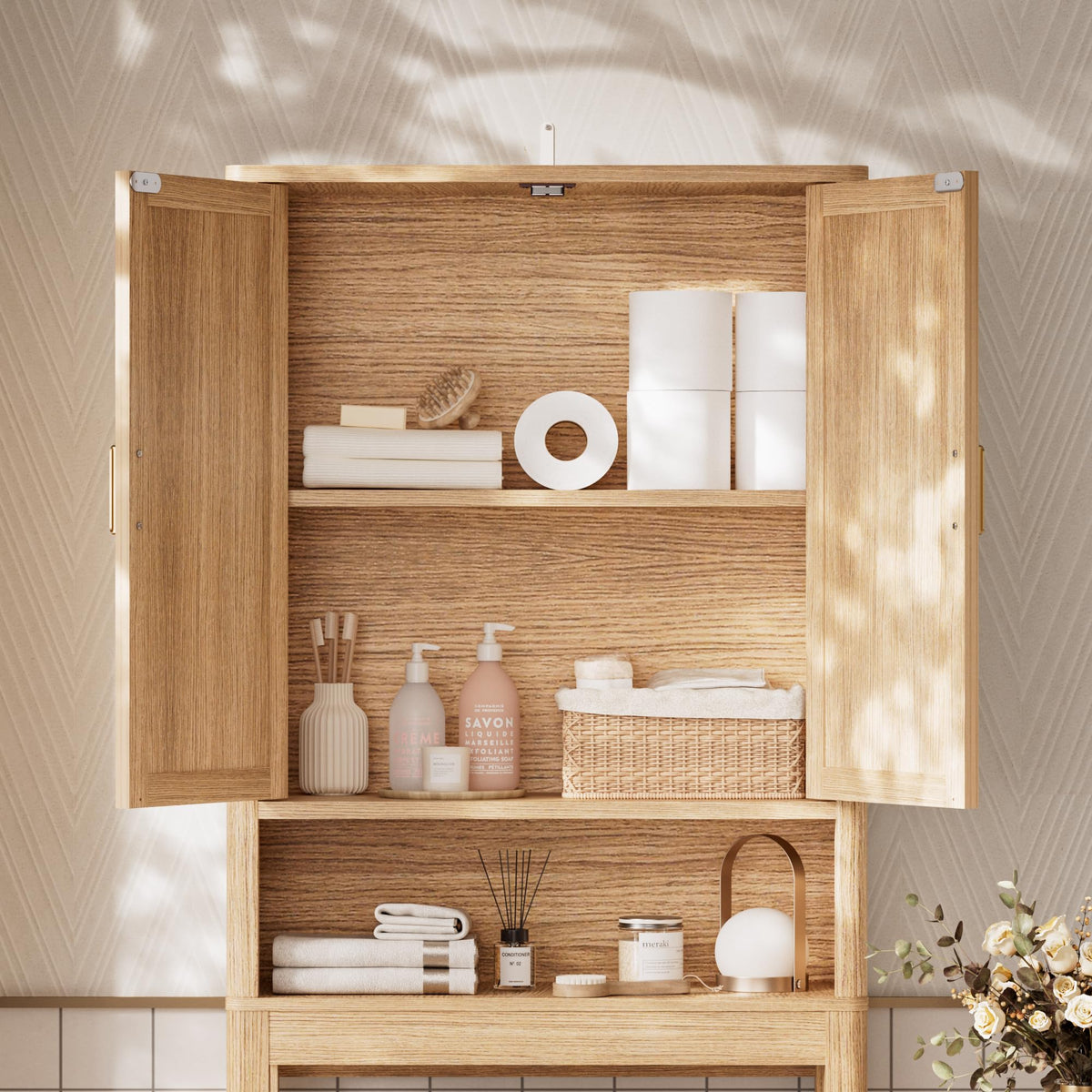 Over the Toilet Storage Cabinet with Rattan Doors R270
