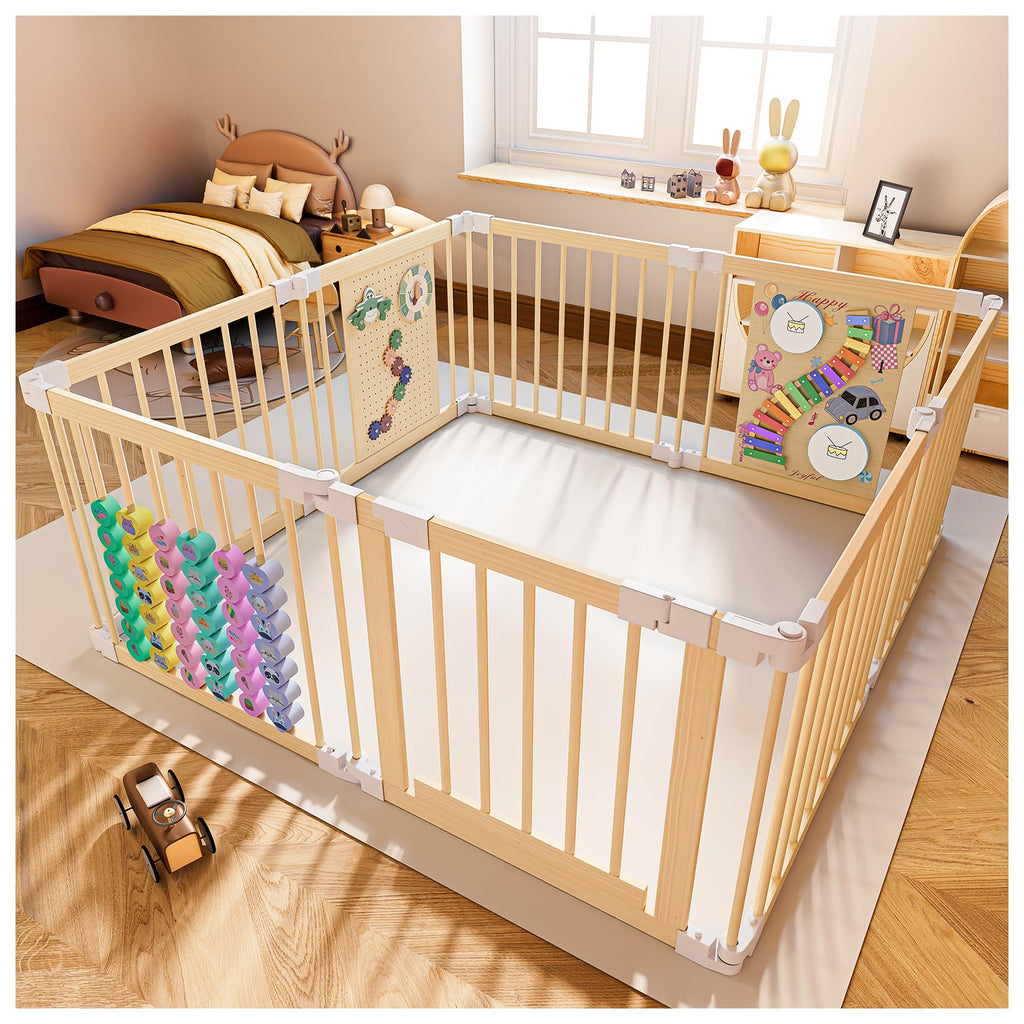 Foldable Wood Baby Playpen with Built-in Toys 57"x57" E3287