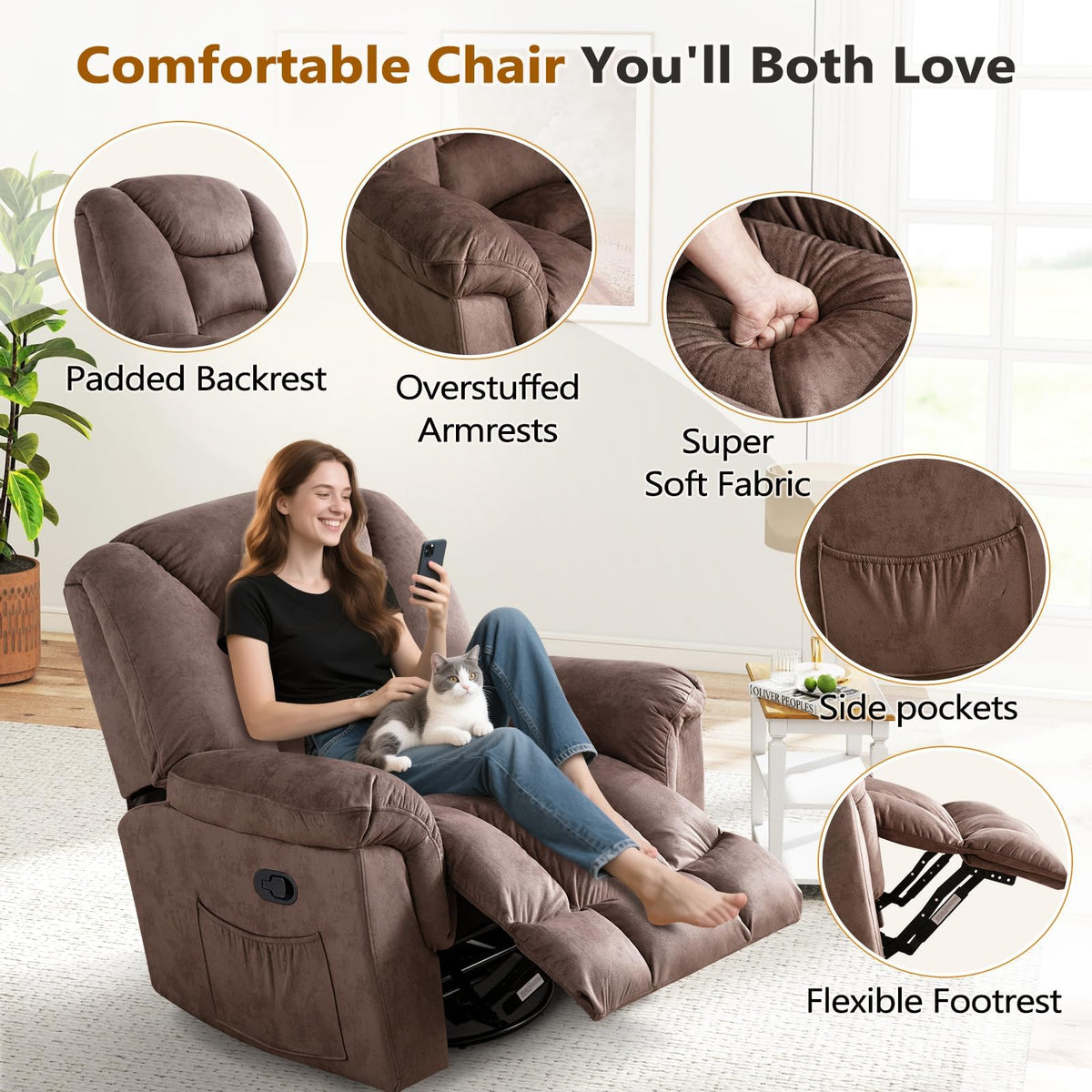 Oversized Manual Swivel Rocker Recliner Chair J9470