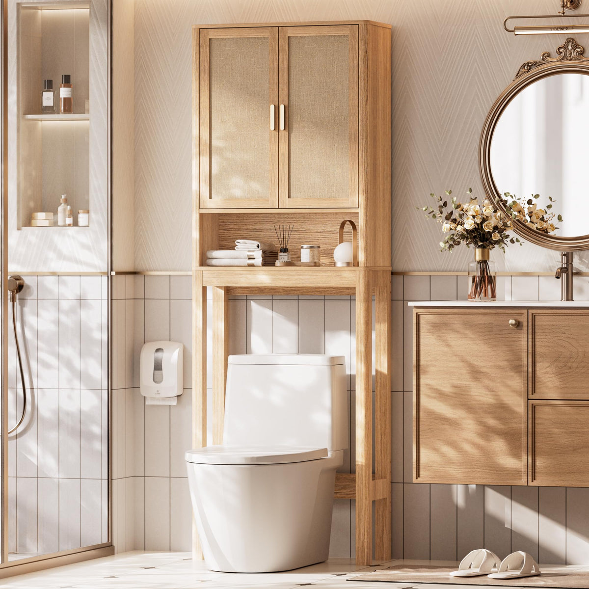 Over the Toilet Storage Cabinet with Rattan Doors R270