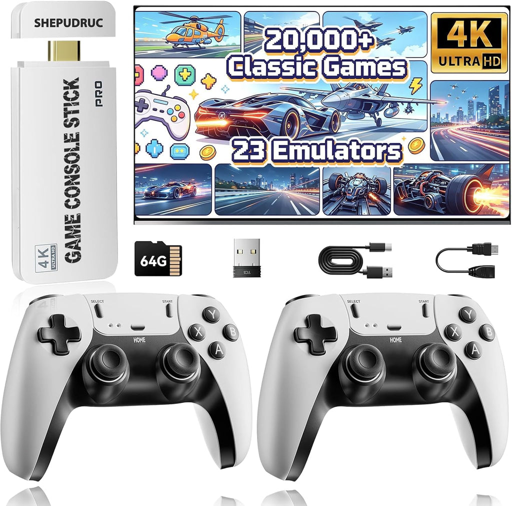 Wireless Retro Gaming Console Stick, 23 Built-In Emulators, 20,000+ Games, 4K HDMI Output, Dual 2.4G Wireless Controllers, 64GB D2962