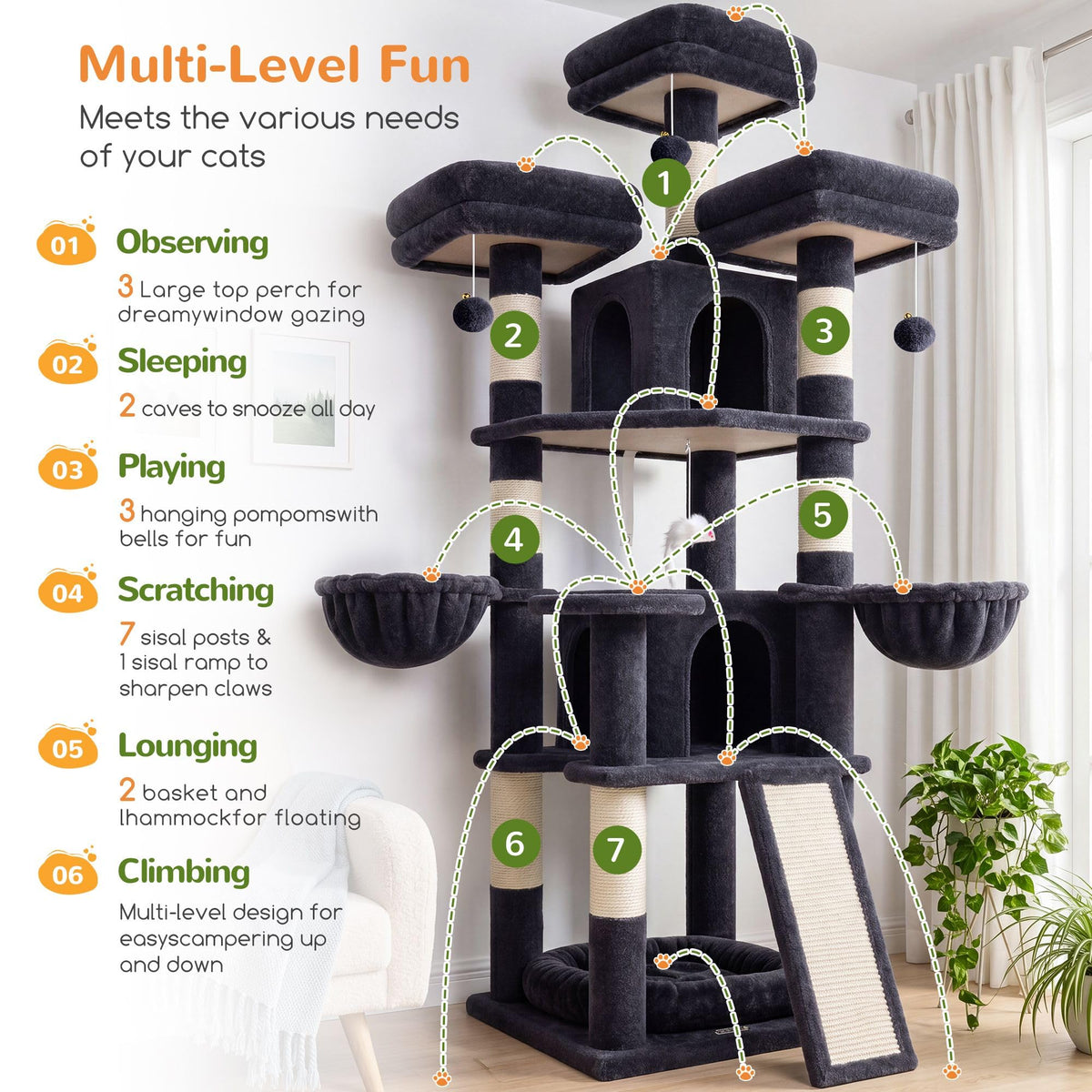 70 Inch Dark Gray Cat Tree with Scratching Post O2112