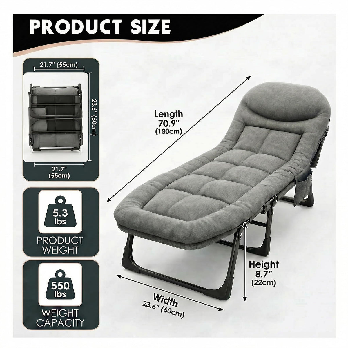 Folding Camping Cot with Mattress and Pillow, Grey B5837