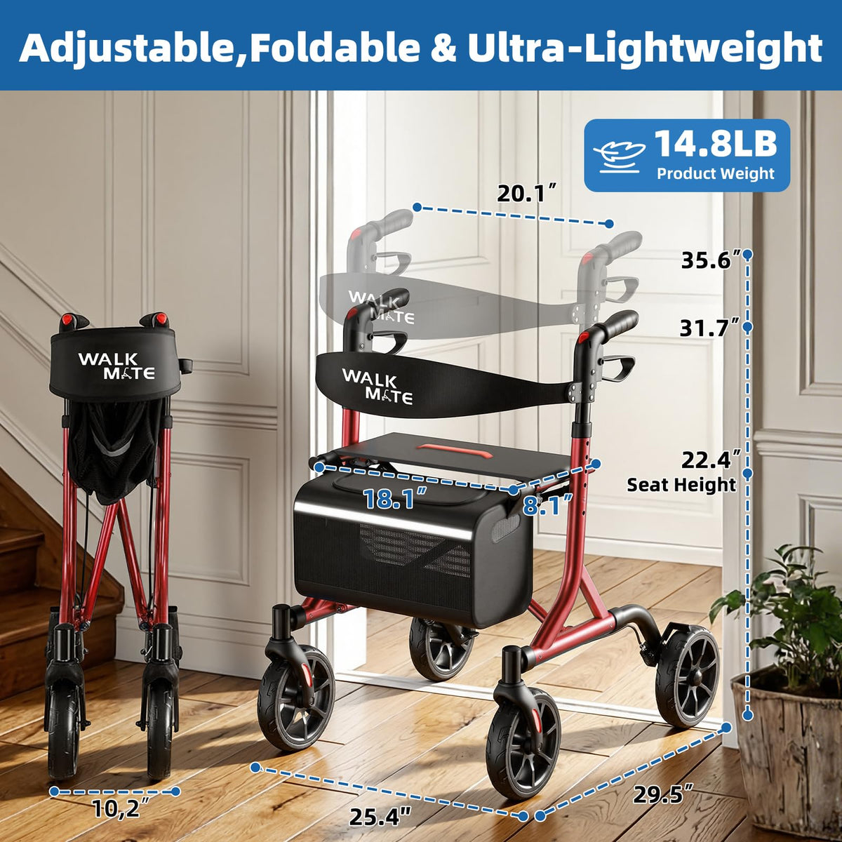 Lightweight Foldable Rollator Walker with Seat O11437