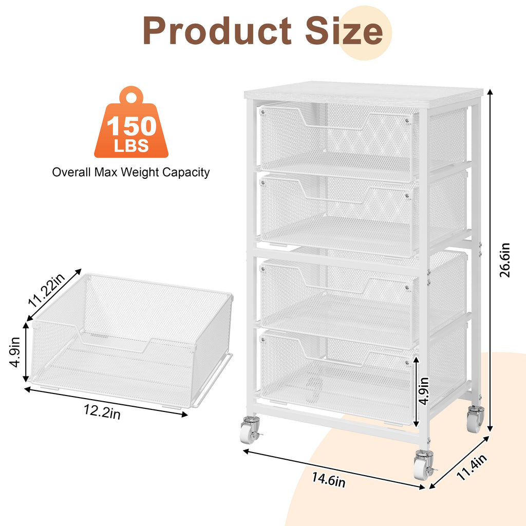 White 4 Drawer Rolling Storage Cart with Wooden Top C7582