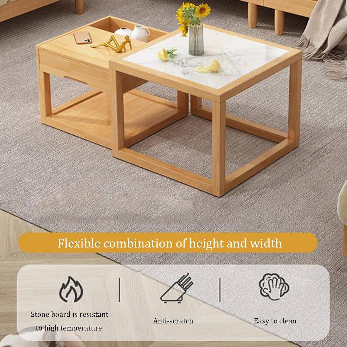 Square Two-Piece Coffee Table Set with Hidden Drawer Storage D7262