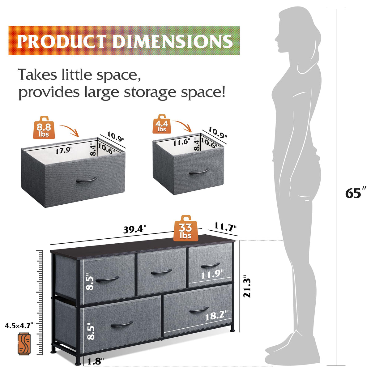 Wide 5 Drawer Dresser Dark Grey O2376
