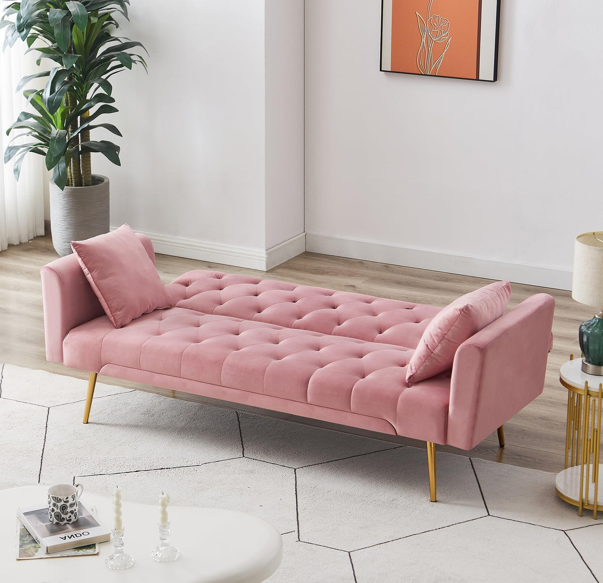 Pink Velvet Convertible Sleeper Sofa Bed C8802