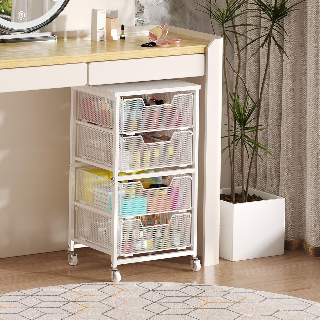 White 4 Drawer Rolling Storage Cart with Wooden Top C7582