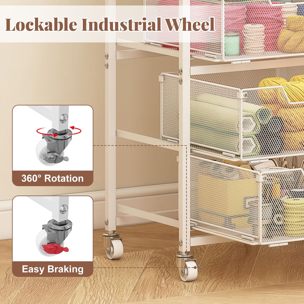 White 4 Drawer Rolling Storage Cart with Wooden Top C7582