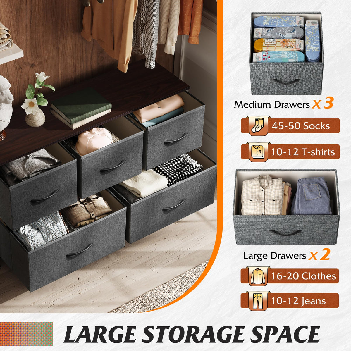 Wide 5 Drawer Dresser Dark Grey O2376