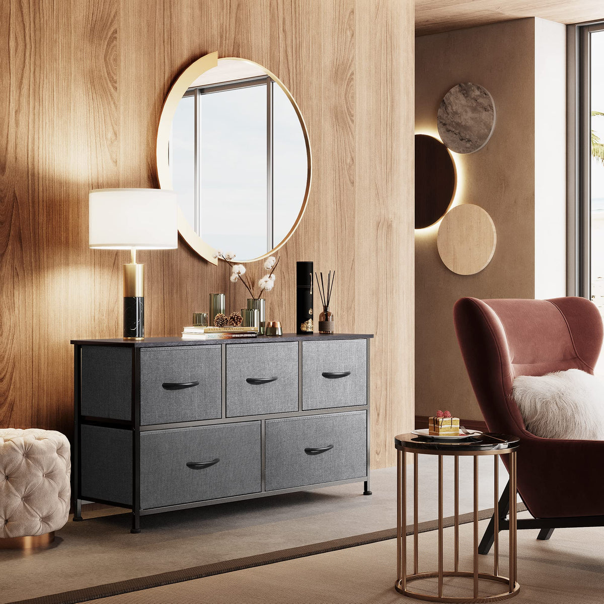 Wide 5 Drawer Dresser Dark Grey O2376