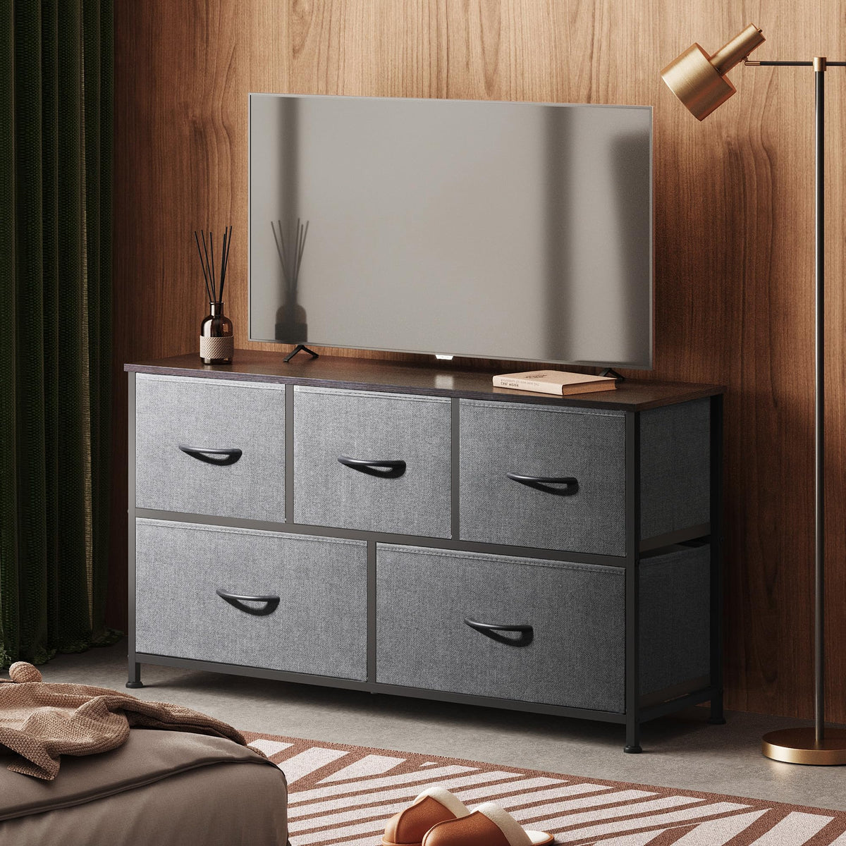 Wide 5 Drawer Dresser Dark Grey O2376