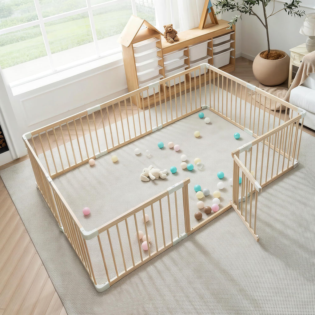 Foldable Wooden Baby Playpen with Gate S119298