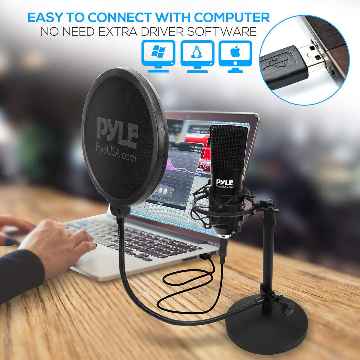 USB Cardioid Condenser Microphone with Desktop Stand and Pop Filter P3638
