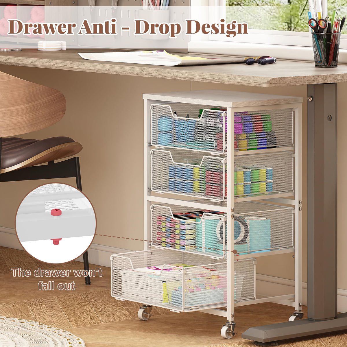 White 4 Drawer Rolling Storage Cart with Wooden Top C7582
