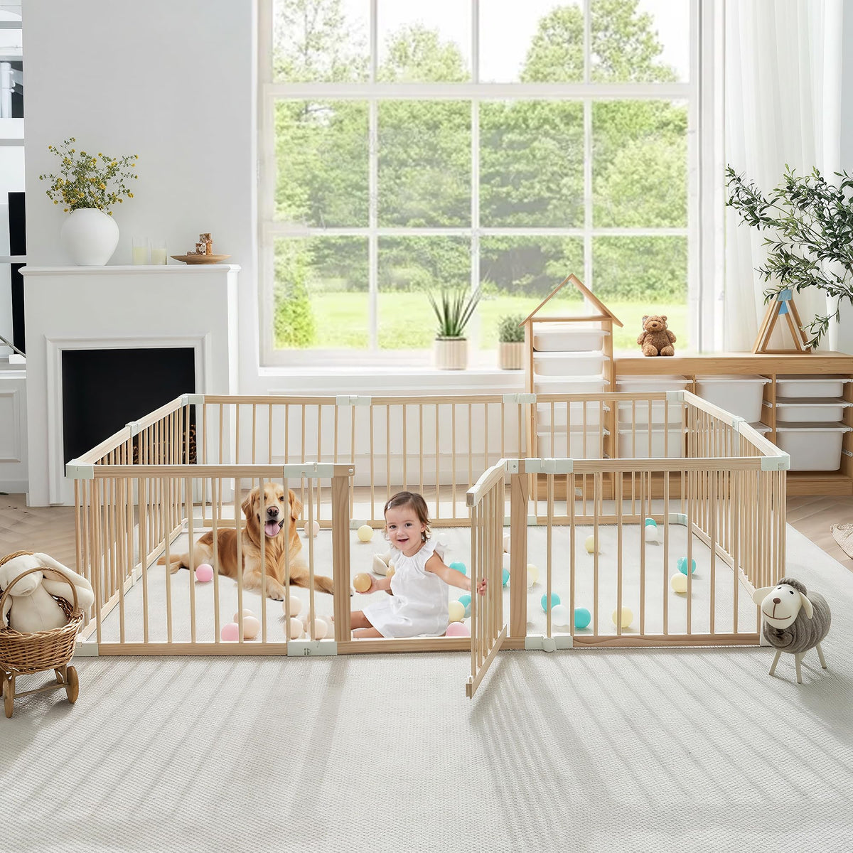 Foldable Wooden Baby Playpen with Gate S119298